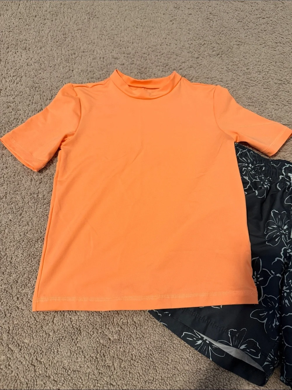 Cat & Jack Orange Rash Guard with Black Floral Swim Trunks